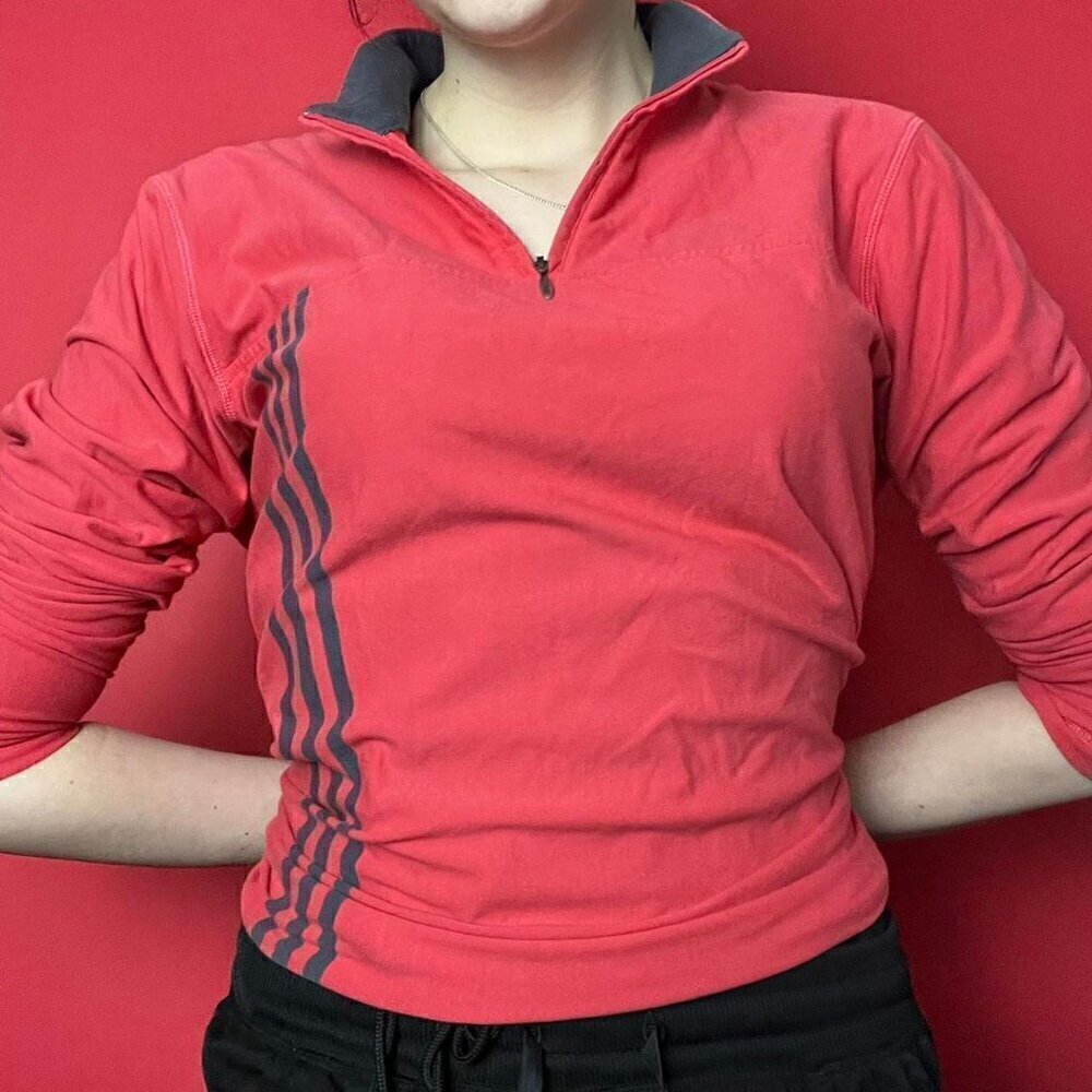 Adidas / vintage light red long sleeve with grey trim and zip up collar